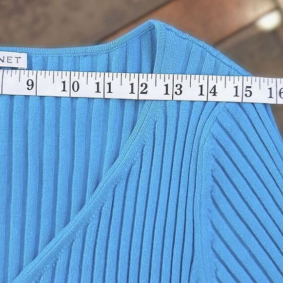 Vtg Planet sky blue ribbed V-neck short sleeve fitted cardigan - Picture 9 of 15